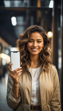 young smiling woman holding a smartphone with a white screen