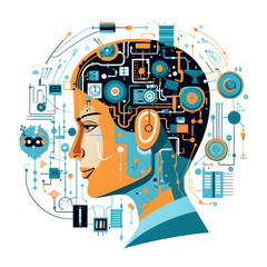Cartoon head robot artificial intelligence, thinks, analyzes. Futuristic design illustration, humanoid. Side view