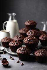 Homemade chocolate muffins with milk on a gray background. Selective focus