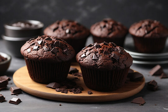 Delicious chocolate muffins on table, closeup. Delicious dessert