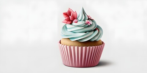 cupcake with cream and cherry Vanilla cupcakes with pink flower embellishments and buttercream icing on a white backdrop Strawberry frosting swirls on a cupcake white background shallow depth of fiel
