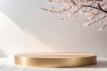White empty podium for product display with cherry blossoms on the side