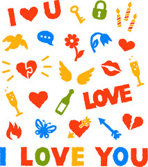 Valentines day symbols. Color torn paper stickers for scrapbook collage. Pieces of cardboard with rough edge. Cute romantic love icons such as heart, kiss, flower, champagne and letters I love you