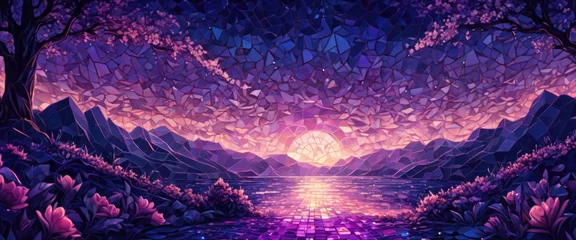 Gordijnen Midnight purple twilight landscape. Mosaic Art © franxxlin_studio