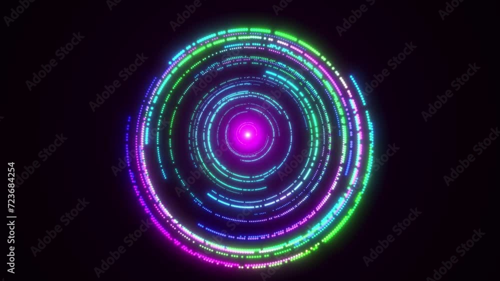 Poster neon circle dot animation with glowing line animation with digital dot on black background.computer 