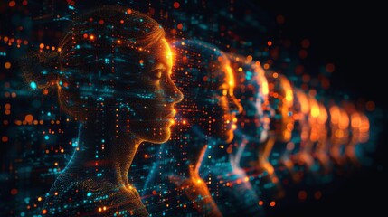 Concept d'intelligence artificielle et de réseau numérique avec plusieurs visages - obrazy, fototapety, plakaty