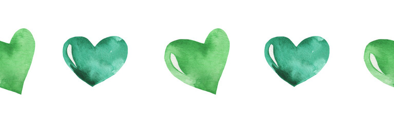 Watercolor central border template of colorful hearts of gree shades on white background. Beautiful decorative elements in shape of hearts in row isolated on white backround.