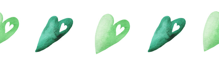 Watercolor central border template of colorful hearts of gree shades on white background. Beautiful decorative elements in shape of hearts in row isolated on white backround.