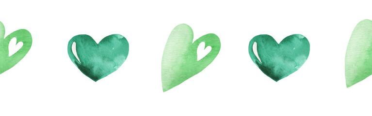 Watercolor central border template of colorful hearts of gree shades on white background. Beautiful decorative elements in shape of hearts in row isolated on white backround.