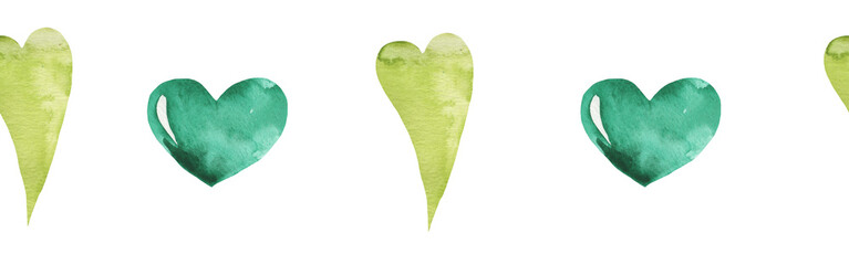 Watercolor central border template of colorful hearts of gree shades on white background. Beautiful decorative elements in shape of hearts in row isolated on white backround.