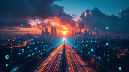 Fototapeta premium Illustration futuriste de ville 6G avec lumières vibrantes