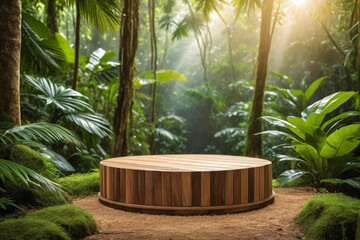 Wooden product display podium in jungle forest scene - Product showing