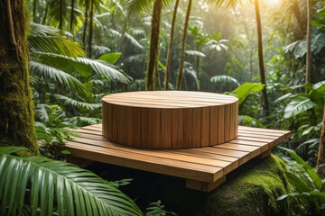 Fototapeta premium Wooden product display podium in jungle forest scene - Product showing