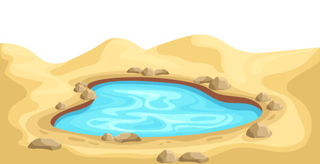Lake oasis in desert template. Colorful blue water surrounded by yellow sand and stones with cartoon landscape vector design