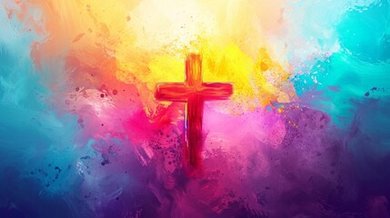 Vibrant Ash Wednesday poster, colorful abstract background spirituality, ash cross in the center, bright and hopeful mood. Religious Cross Symbolizing the Holy Spirit. - obrazy, fototapety, plakaty