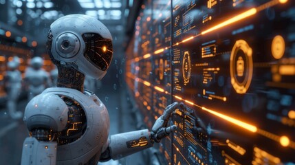 Robot humano&iuml;de travaillant sur ordinateur dans un bureau futuriste