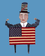 Cartoon style collage illustrating patriotic strong man with american flag and cylinder hat