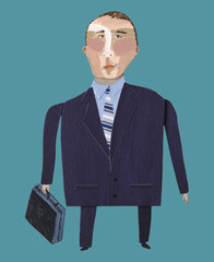 Cartoon style collage businessman with briefcase wearing suit