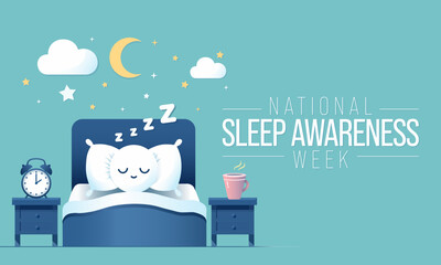 Sleep awareness Week is an annual event celebrated each year in March. This is an opportunity to stop and think about your sleeping habits, consider how much they impact your well-being. Vector art