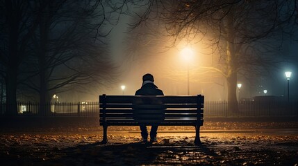 Fototapeta premium A man sits alone in a public chair in the dark with flickering lights.