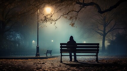 A man sits alone in a public chair in the dark with flickering lights. - obrazy, fototapety, plakaty
