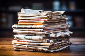 A stack of newspapers on a wooden table. Generated by artificial intelligence