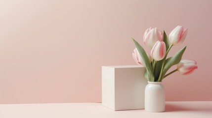 a wooden block with tulips and gift. happy women's day