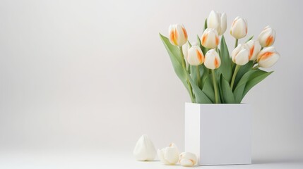 a wooden block with tulips and gift. happy women's day