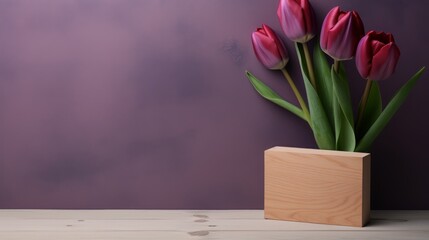 a wooden block with tulips and gift. happy women's day