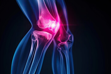Thigh tendon injury, X - ray style, injury part with red luminous expression, the rest with blue expression