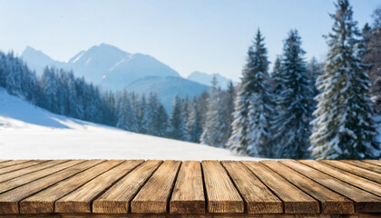 Wooden table top on blurred background of winter landscape - Product display