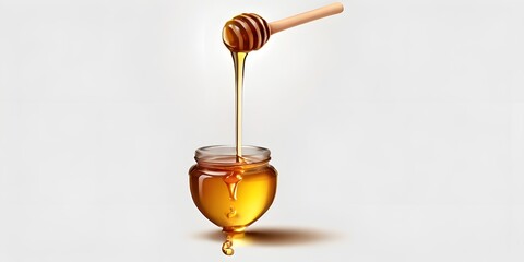honey dripping from a wooden dipper Glass jar with honey and wooden spoon on a white background.

