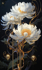 Luminous Arabic Calligraphy: White Flower with Arabic Plant Name - Chinapunk Style, Mushroomcore Aesthetic, Light Yellow and Silver