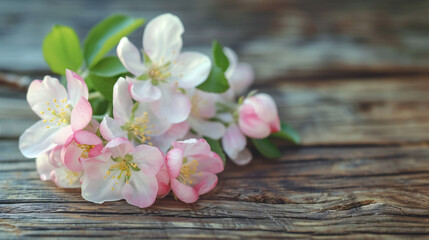 Fototapeta na wymiar Spring apple blossoms flowering branch on wooden background