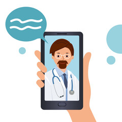 Online consultation with a doctor. Call doctor on phone using the media platform. Untact reception of the patient. Vector illustration in flat style.
