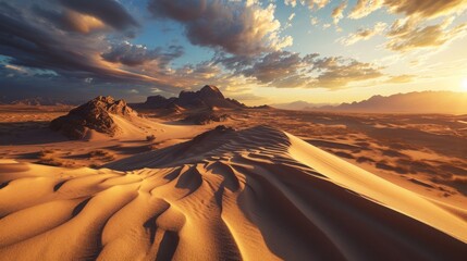 Golden Hour Over Desert Landscape, Sun Casting Shadows on Sand Dunes with Mountain Backdrop, Illustration Style Image
