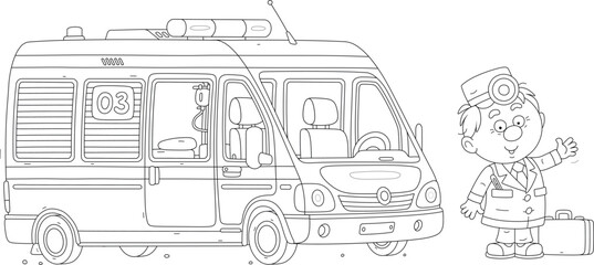 Ambulance car and a doctor hurrying to rescue, black and white vector cartoon illustration for a coloring book page