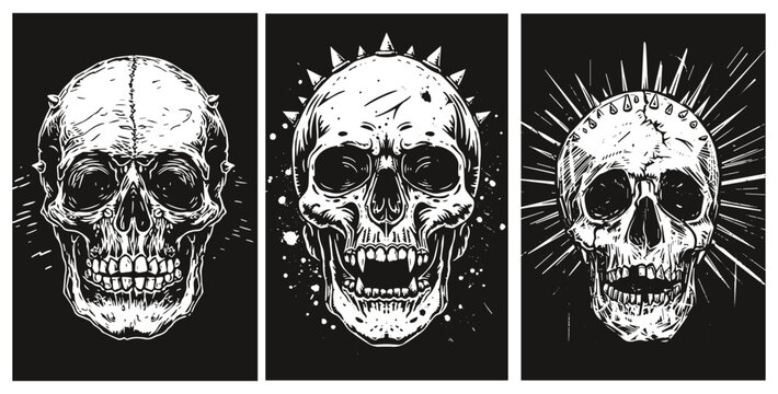 Hard Rock illustration Black and White Horror skull with metal studs. grunge linocut style illustration