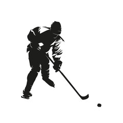 Ice hockey player skating with puck, isolated vector silhouette