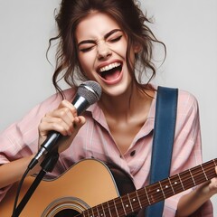 Happy female lady singer with microphone, eyes closed mouth open singing with emotion on white background 