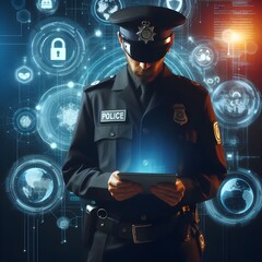 A police officer looking down at a smart tablet  with holographic cybersecurity symbols icons, cybersecurity concept