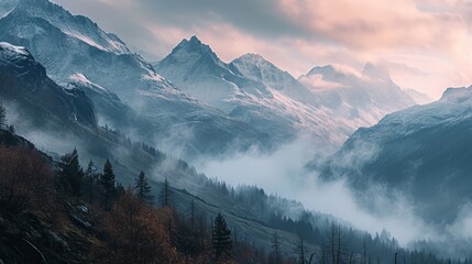 Obraz premium Majestic Mountain Landscape with Misty Valleys, Snow-Capped Peaks, and Autumn Foliage in Illustration Style