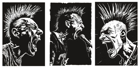Punk's Not Dead. Screaming punk with mohawk hair isolated on black background. grunge linocut style illustration - obrazy, fototapety, plakaty