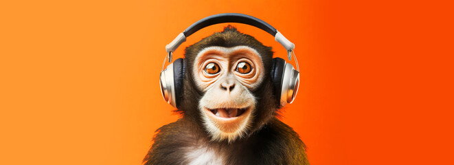 Portrait of a cute and smiling monkey with headphones listens to music on a orange background with copy space. Generative Ai. - obrazy, fototapety, plakaty