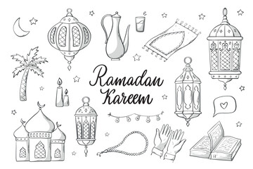 Set of islamic doodles, ramadan clip art for prints, stickers, coloring pages, signs, sublimation, cards, etc. EPS 10