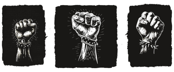 Black and White illustration hand clenched into a fist with metal studs in the knuckles. grunge linocut style illustration
