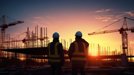 Construction chart graphic background, AI technology in construction industry, engineers working at construction site at sunset, AI generated, copy space for text - obrazy, fototapety, plakaty
