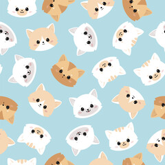 Cute cats seamless pattern. Cartoon kittens head. Print design for clothes, fabric, textiles, postcards. Set of faces