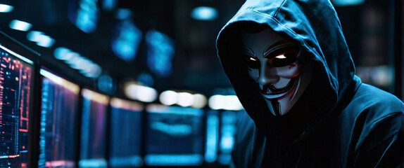 hacking with a mesmerizing depiction of an anonymous hacker, their back presented in a half-turn, wearing a hoodie, seated in front of a commanding monitor, engrossed in the process of deciphering - obrazy, fototapety, plakaty