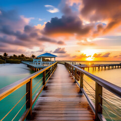 Fototapeta premium mesmerizing snapshot, the panoramic view showcases a footbridge that leads to Smathers Beach in Key West, Florida. The image captures the tranquil ambiance of a sunrise scene, where the soft g